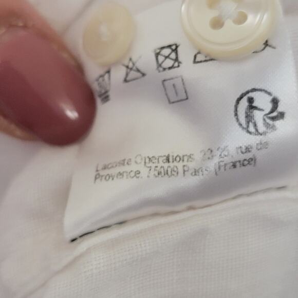 Lacoste Linen Short Sleeve Casual Button Down Cream White Sz Large Logo Beachy - Picture 15 of 16